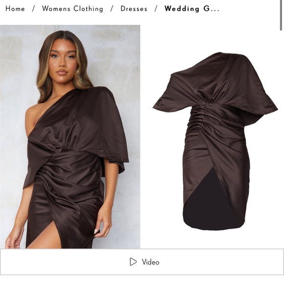 Brown Satin Draped Off The Shoulder Dress - Picture 3 of 13